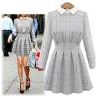 Long-sleeve Check Pleated Collared Dress