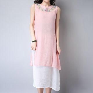 Embroidered Frog-button Linen Tank Dress
