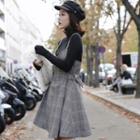 Set: Long-sleeve Knit Top + Strappy Plaid A-line Pinafore Dress