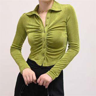 Plain Button-up Pleated Cropped Top