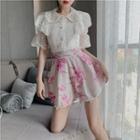 Puff-sleeve Lace Top / Floral Print Shorts