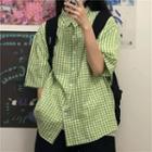 Elbow-sleeve Checked Shirt Gingham - Green - One Size