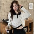 Polo-neck Two-tone Crop Knit Top