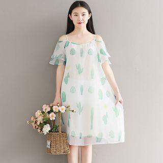 Cactus Print Cold Shoulder A-line Dress