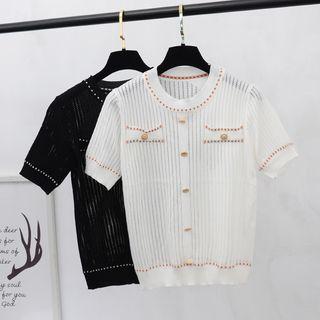 Short-sleeve Pointelle Buttoned Knit Top