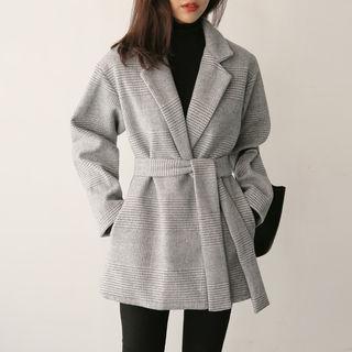 Hidden-button Checked Jacket With Sash
