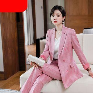 Plaid Double-breasted Blazer / Straight-cut Pants / Set