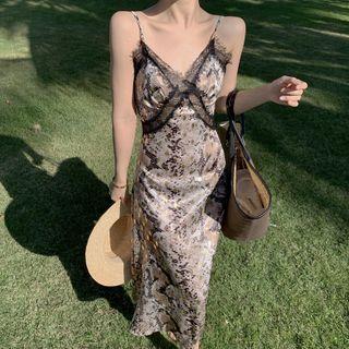 Spaghetti Strap Lace Trim Print Midi A-line Dress