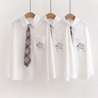 Set: Long-sleeve Bear Embroidered Shirt + Tie
