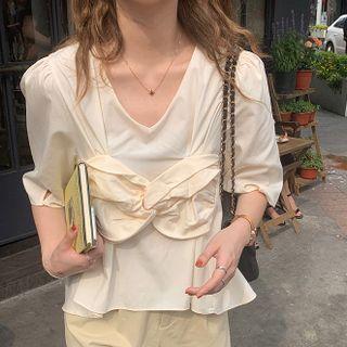 Ruched V-neck Puff-sleeve Shirt
