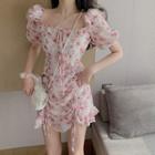 Balloon-sleeve Floral Print Drawstring A-line Dress