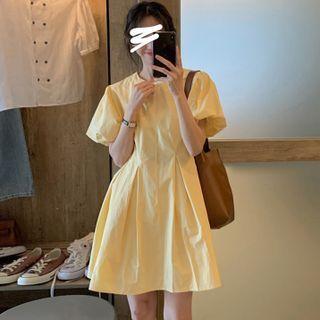 Puff-sleeve Crew Neck A-line Dress