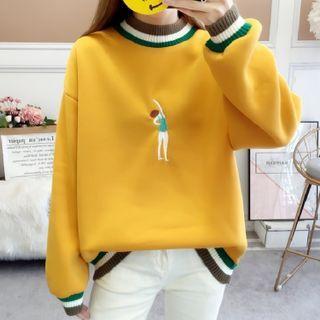 Contrast Trim Cartoon Embroidered Pullover