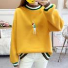 Contrast Trim Cartoon Embroidered Pullover