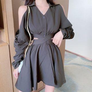 Cold-shoulder Mini A-line Dress Dark Gray - One Size