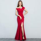 Asymmetrical-sleeve Slit-front Mermaid Evening Gown