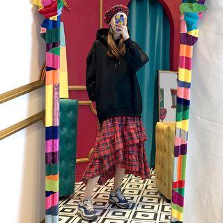 Layered Plaid Panel Midi Hoodie Dress
