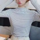 Color-block Striped Mock-neck Long-sleeve Top