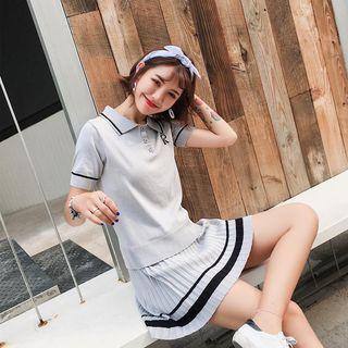 Set: Collared Sweater + Contrast Trim Knit Skirt