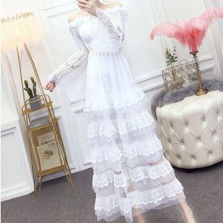 Lace Bell-sleeve Off-shoulder Ruffle Maxi Dress