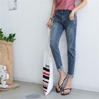 Band-waist Cuff-hem Washed Jeans