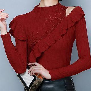 Mock-neck Ruffle Trim Cutout T-shirt
