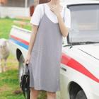 Short-sleeve T-shirt / Plaid Mini Pinafore Dress / Set
