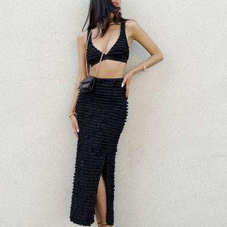 Set: Ruffle Crop Tank Top + Side-slit Midi Pencil Skirt