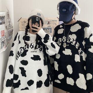Cow Patterned Lettering Crewneck Sweater
