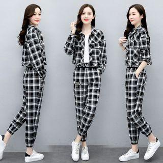 Set: Plaid Button-up Jacket + Harem Pants