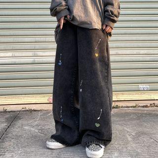 Heart Embroidery Wide Leg Jeans
