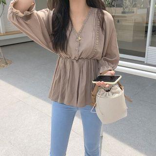 3/4-sleeve Lace-trim Top Chocolate - One Size
