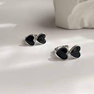 Heart Glaze Alloy Hoop Earring 1 Pair - Black & Silver - One Size
