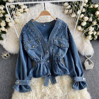 V-neck Studded Denim Jacket