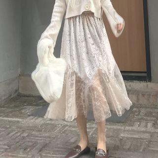 Chiffon Hem Velvet Midi Skirt