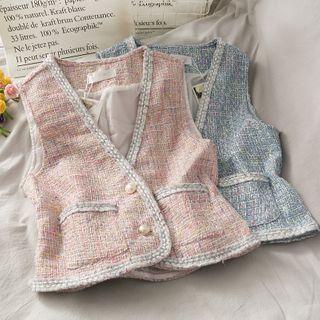 Glitter Pearl-button Woolen Crop Vest