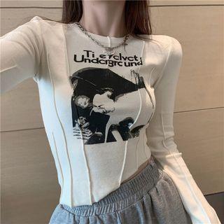 Asymmetric Long Sleeve Printed T-shirt