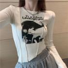 Asymmetric Long Sleeve Printed T-shirt