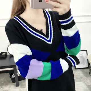 V-neck Striped Trim Color Block Long-sleeve Knit Dress
