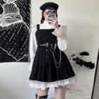 Long Sleeve Frill Trim Shirt / Ruffled Mini A-line Skirt / Mini Overall Dress