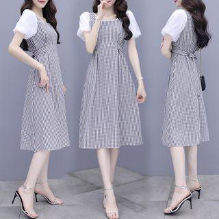 Puff-sleeve Checked A-line Midi Dress