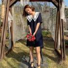 Short-sleeve Wide-collar Pleated Dress Navy Blue - One Size