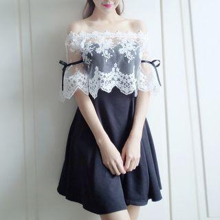 Set: Strapless A-line Dress + Off-shoulder Lace Top