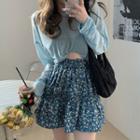 Long-sleeve Plain T-shirt / Floral Print Mini A-line Skirt