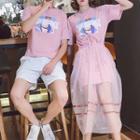Couple Matching Printed Short-sleeve T-shirt / Set: Printed Short-sleeve T-shirt Dress + Mesh Midi Skirt