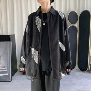Feather Embroidered Mesh Overlay Shirt