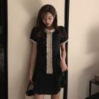 Color Block Short-sleeve A-line Collared Dress Black - One Size