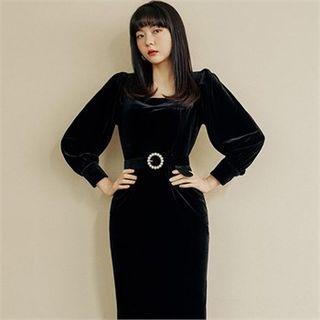 Square-neck Velvet Dress With Belt