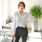 Open-placket Striped Sheer Shirt