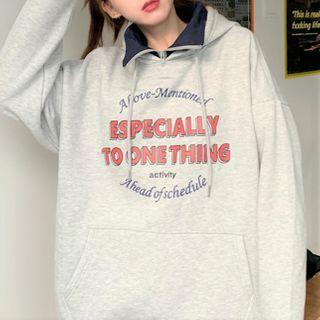 Mock Two Piece Zip Up Lettering Hoodie